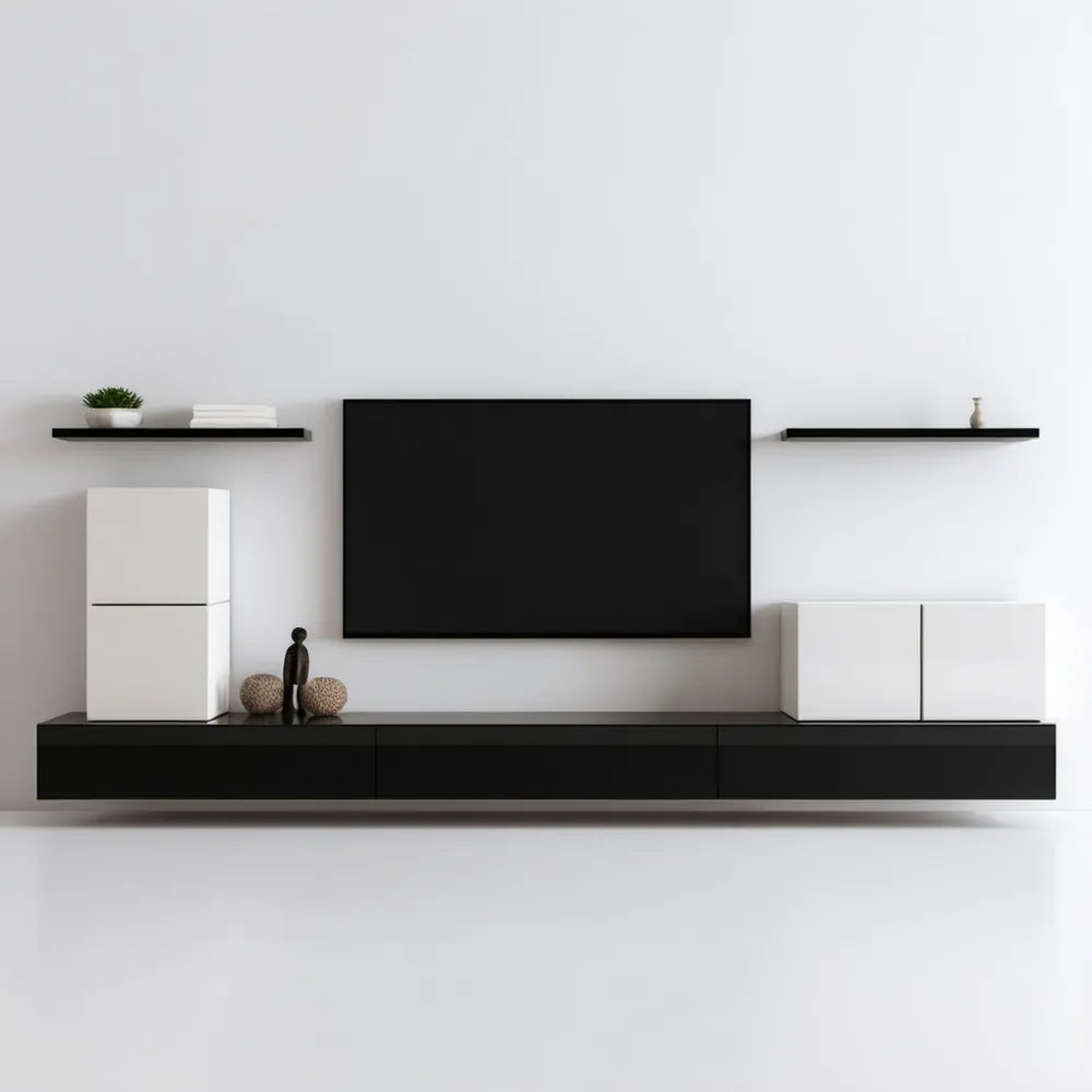 Wiszący zestaw mebli RTV 5-elementowy z MDF, czarno-biały, 240 × 35 × 110 cm