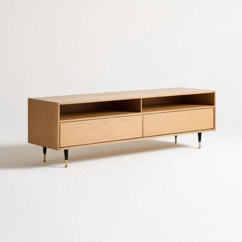 Szafka RTV z fornirem dębowym 160 × 40 × 55 cm, naturalny dąb/czarny/złoty