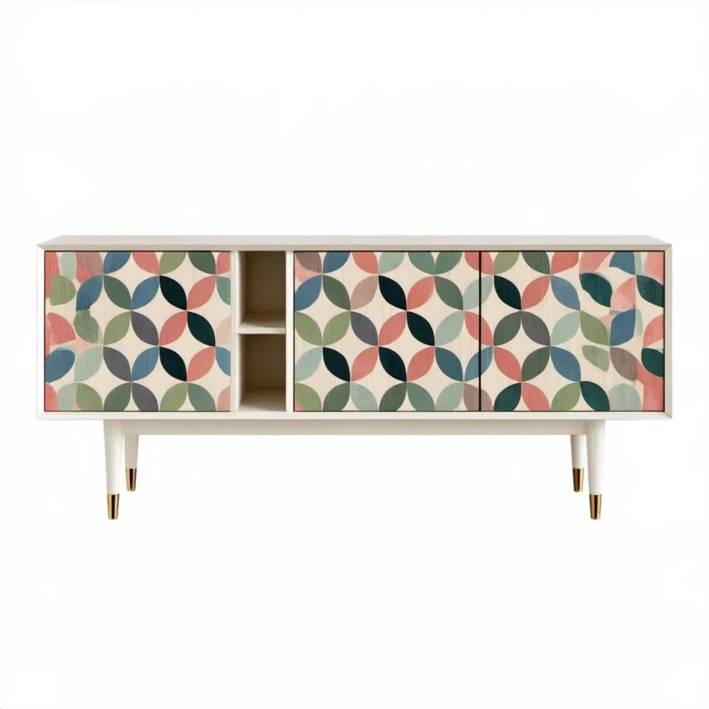 Szafka RTV z MDF 160 × 40 × 80 cm biała z wielokolorowym wzorem geometrycznym