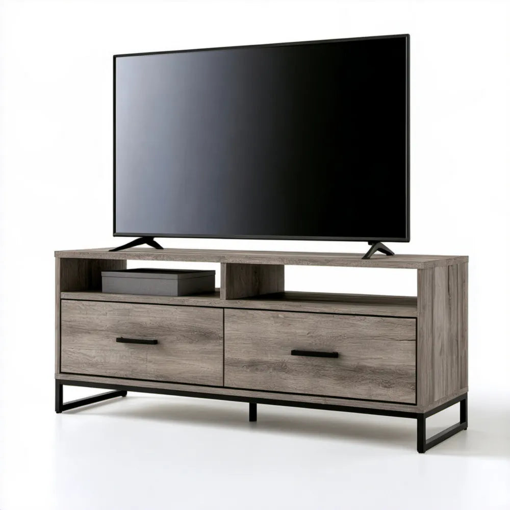 Szafka pod telewizor 140 x 40 x 50 cm w dekorze szarego dębu z czarną stalową podstawą