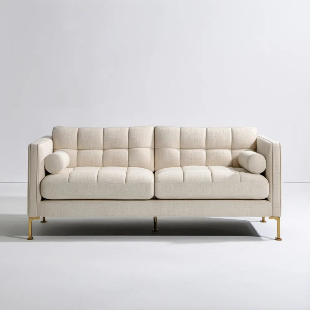 Trzyosobowa sofa tapicerowana kremowa ze złotymi nóżkami 220 x 90 x 82 cm