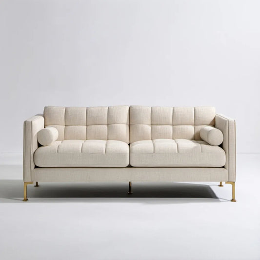 Trzyosobowa sofa tapicerowana kremowa ze złotymi nóżkami 220 x 90 x 82 cm