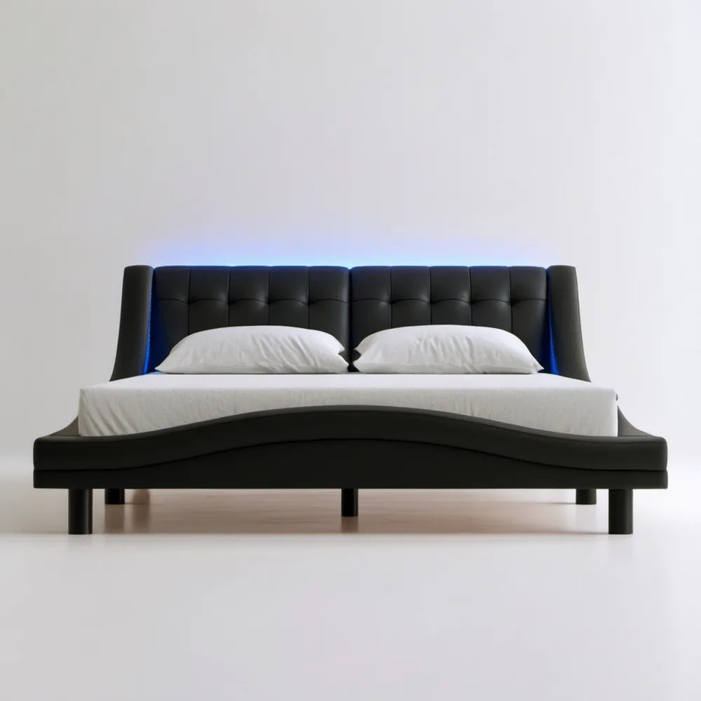 Czarne tapicerowane łóżko ze skóry syntetycznej PU z oświetleniem LED 160 x 200 cm