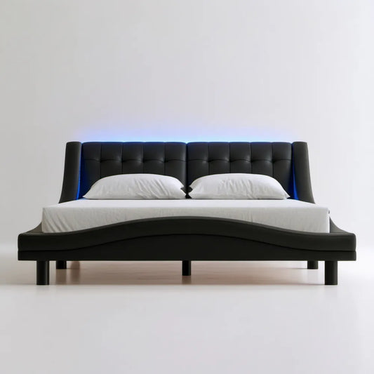 Czarne tapicerowane łóżko ze skóry syntetycznej PU z oświetleniem LED 160 x 200 cm