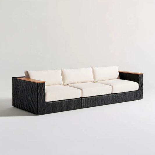 3-osobowa sofa ogrodowa z technorattanu PE, czarna z kremowymi poduszkami, 240 x 85 x 70 cm