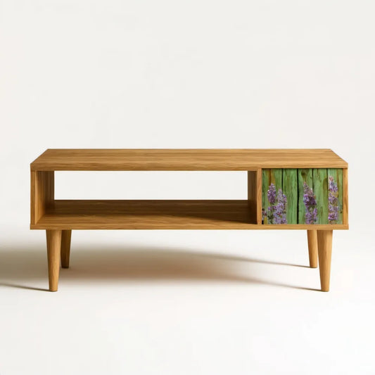 Stolik kawowy z litego drewna sosnowego z szafką i półką, 120 × 40 × 55 cm, naturalny brąz/zielony/fioletowy
