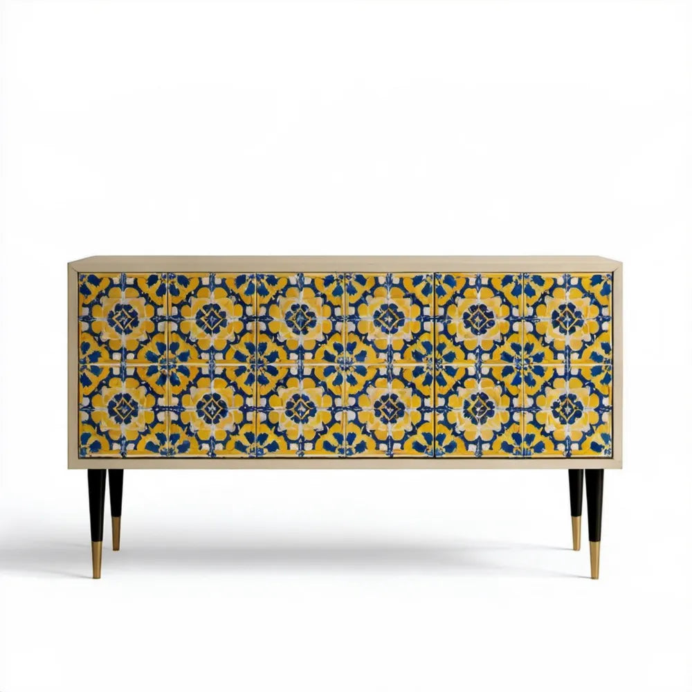 Szafka RTV z litego drewna mango z ceramicznym wzorem żółto-granatowym 160 x 40 x 80 cm