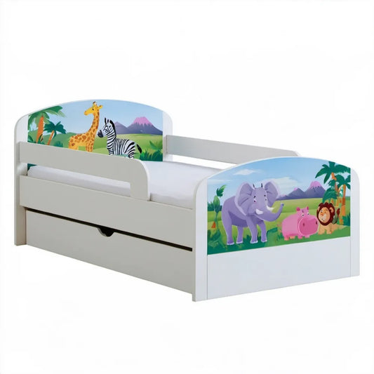 Dziecięce łóżko 70 x 140 cm z barierkami i szufladą, białe, motyw safari
