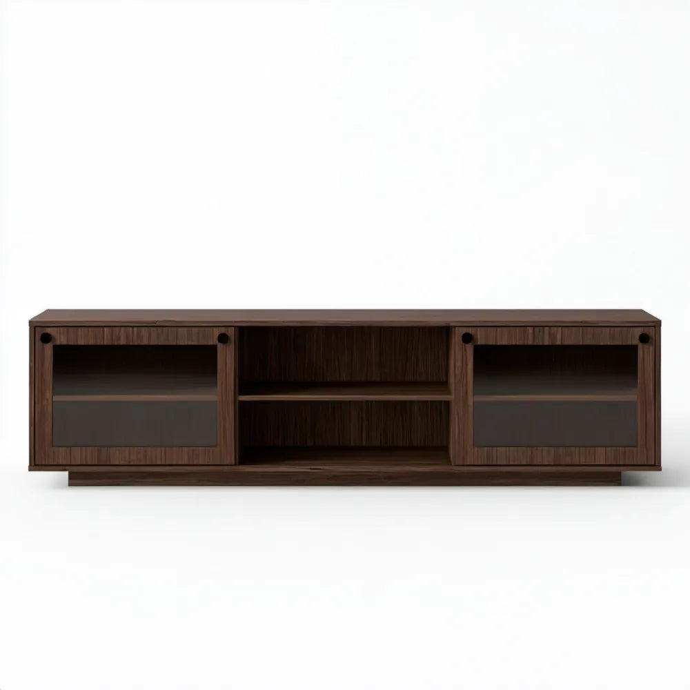 Szafka RTV z MDF w okleinie orzechowej, brązowa z czarnymi detalami, 180 x 40 x 45 cm