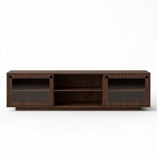 Szafka RTV z MDF w okleinie orzechowej, brązowa z czarnymi detalami, 180 x 40 x 45 cm