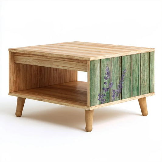 Bambusowy stolik kawowy 100 x 50 x 45 cm z półką i szafką, naturalny brązowy/zielony/fioletowy