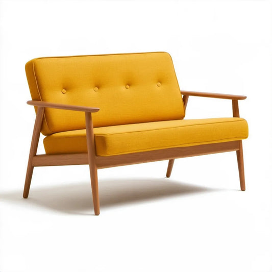 Musztardowa sofa dwuosobowa z litego drewna kauczukowego 120 x 75 x 82 cm