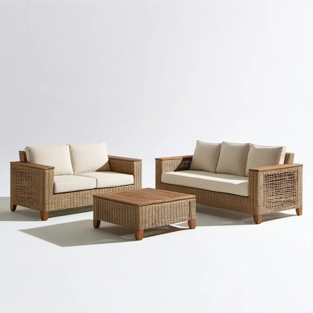 Beżowy zestaw mebli ogrodowych z technorattanu – 2 sofy 195 × 80 × 75 cm i stolik 110 × 60 × 42 cm