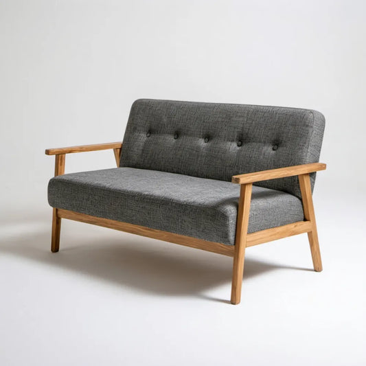Dwuosobowa sofa skandynawska szara z naturalnym brązowym drewnem, 120 x 76 x 78 cm