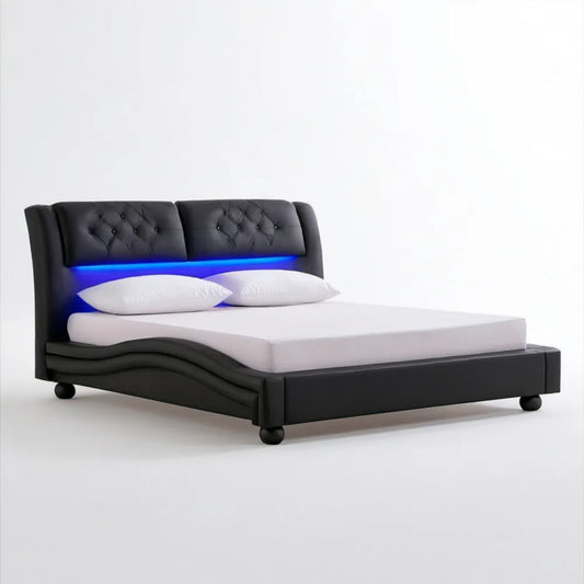 Czarne łóżko tapicerowane PU 160 x 200 cm z niebieskim oświetleniem LED