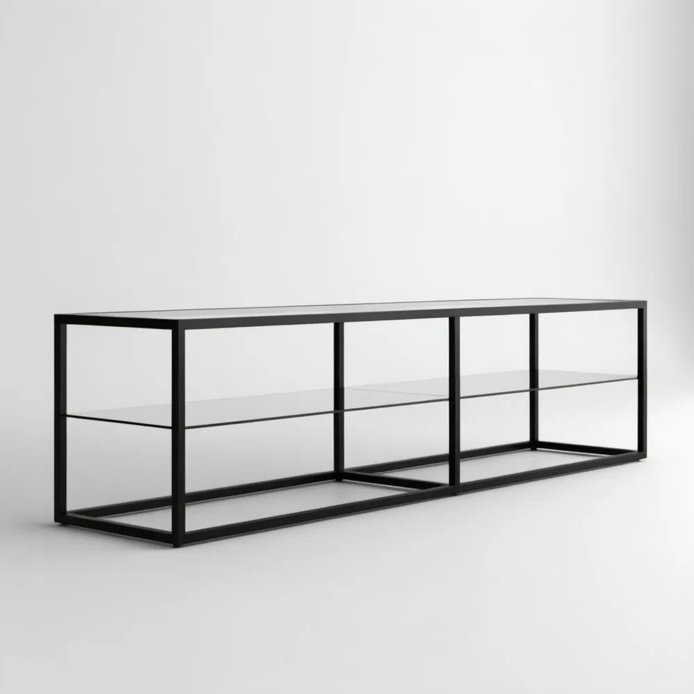 Szafka RTV ze szkła hartowanego i stali, czarno-przezroczysta, 180 x 40 x 45 cm