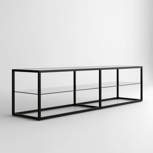 Szafka RTV ze szkła hartowanego i stali, czarno-przezroczysta, 180 x 40 x 45 cm