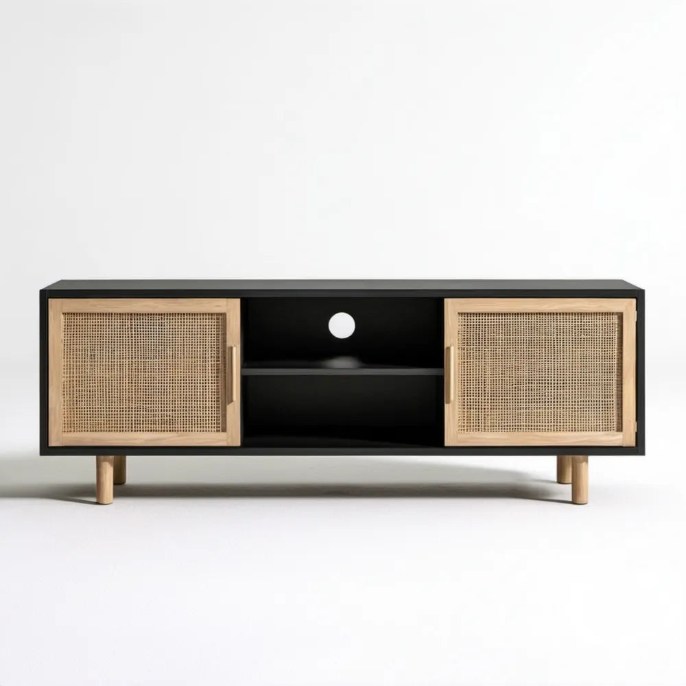 Czarna szafka RTV z rattanowymi frontami, 140 × 40 × 60 cm