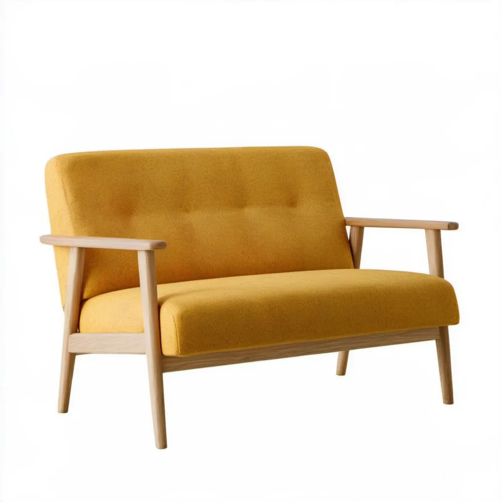 Dwuosobowa sofa skandynawska z litego drewna kauczukowego, Żółta/Naturalny jasny brąz, 122 x 75 x 80 cm