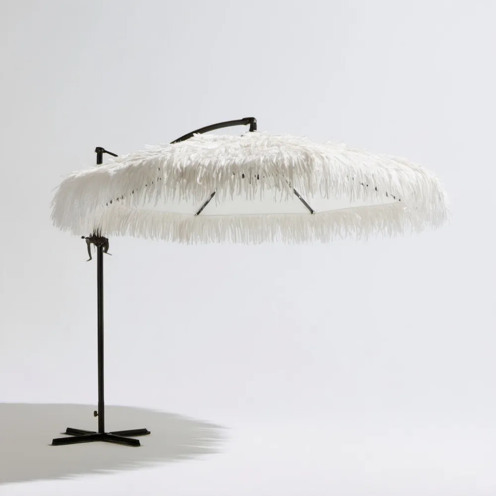 Biały parasol ogrodowy z frędzlami, Ø 180 cm, wysokość 210 cm, czarny stalowy stelaż