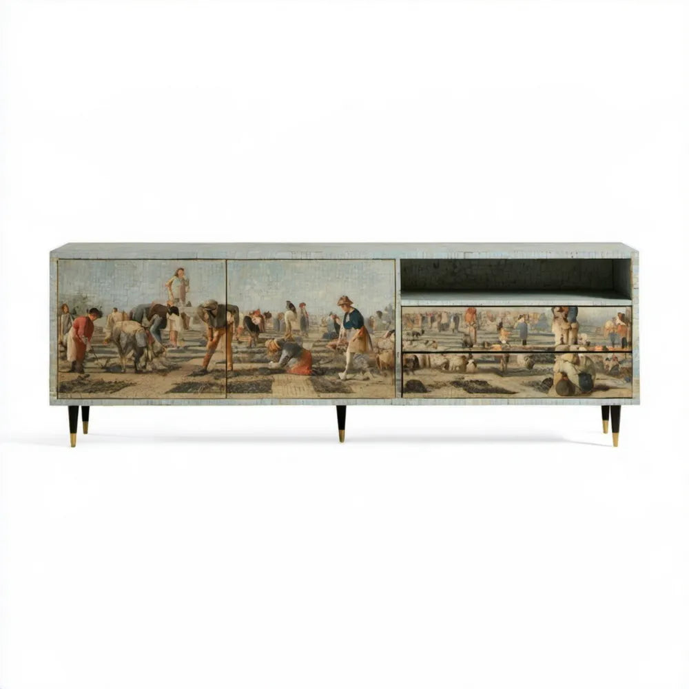 Szafka RTV vintage z nadrukiem, beżowo-szaro-brązowo-czarno-złota, 180 x 40 x 75 cm