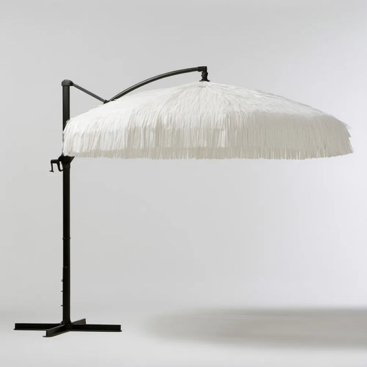 Biały wiszący parasol ogrodowy z frędzlami, stalowy stelaż, Ø 300 cm