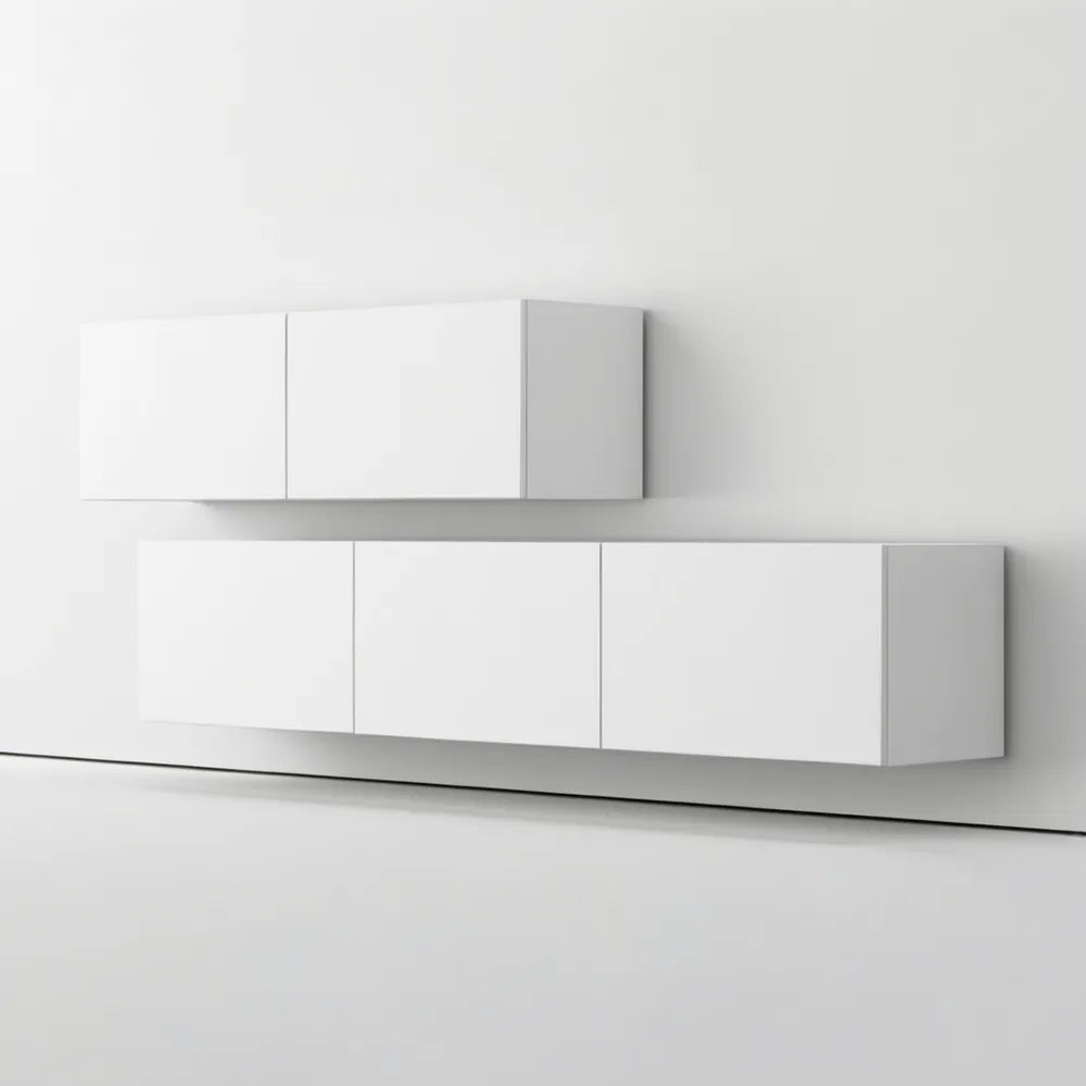 Zestaw wiszących szafek RTV biały mat – dolny 160 × 30 × 30 cm, górny 100 × 30 × 30 cm