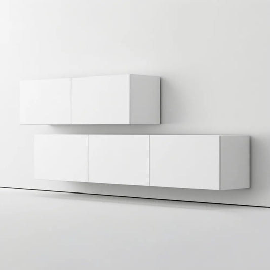 Zestaw wiszących szafek RTV biały mat – dolny 160 × 30 × 30 cm, górny 100 × 30 × 30 cm