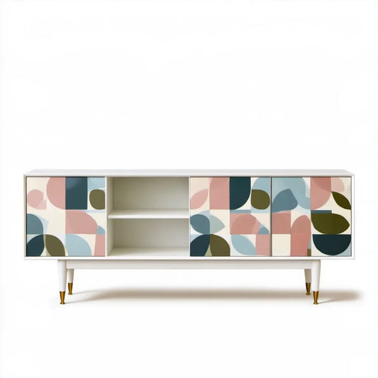 Szafka RTV 160 x 40 x 75 cm z geometrycznym wzorem, biała