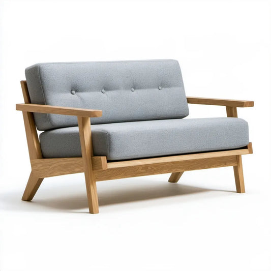 Dwuosobowa sofa z litego drewna dębowego, jasnoszara i jasnodębowa, 130 x 75 x 80 cm