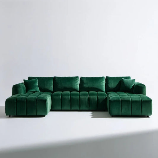 Ciemnozielona sofa modułowa 5-osobowa z dwoma szezlongami, 330 × 165 × 78 cm