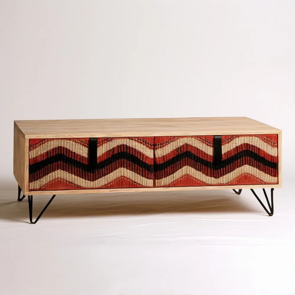 Stolik kawowy boho z 2 drzwiami, fornir dębowy, brązowy/beżowy/czerwony/czarny, 120 x 45 x 40 cm
