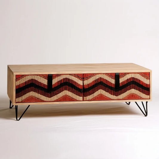 Stolik kawowy boho z 2 drzwiami, fornir dębowy, brązowy/beżowy/czerwony/czarny, 120 x 45 x 40 cm