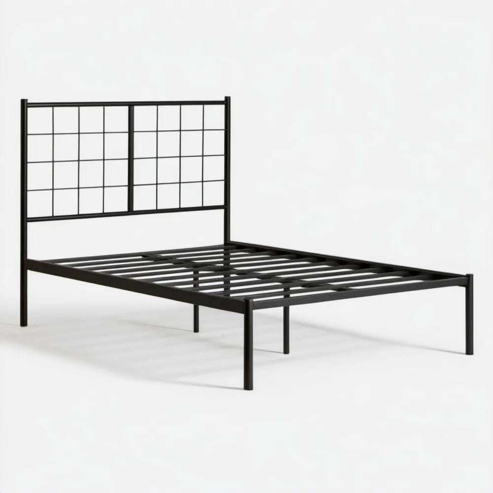 Czarne stalowe łóżko 140 x 200 cm z kratkowym zagłówkiem i metalowym stelażem